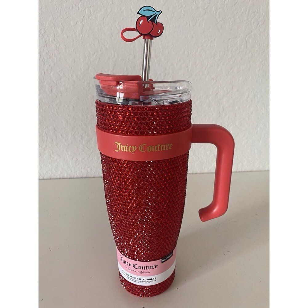 Juicy Couture RHINESTONE Jewel Red Stainless Steel Hot Cold 40 Oz Tumbler Cherry